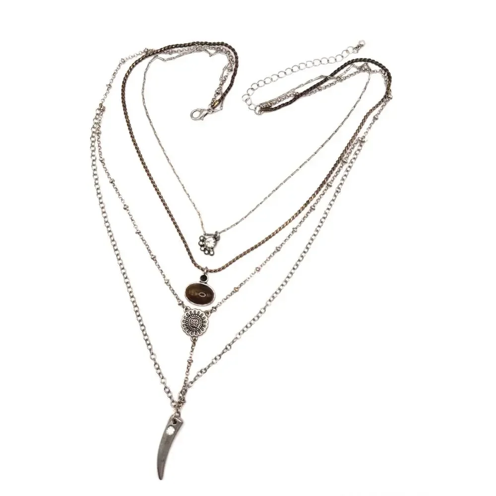Y2K Layered Mixed Metal Charm Necklace | Faux Tiger Eye & Tusk Pendant